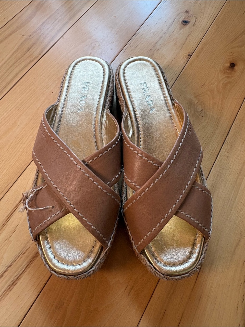 Prada Tan Leather Crisscross Slide Wedge Espadrilles